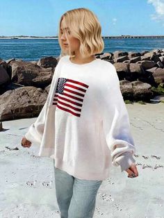 Don't miss this hot deal on SHEIN! Save big on this!SHEIN Essnce Usa Flag Design Drop Shoulder Sweater Pullover Outfit, American Flag Sweater, Women Sweaters, Long Sleeve Pullover Sweater, Drop Shoulder Sweaters, Plus Size Kleidung, Pattern Sweater, Loose Sweater, Casual Sweaters