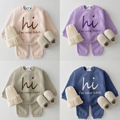 About This Item: Made to match this set is complete with a slogan top and matching pants (beanie slippers in image are not included). Product ID: BB46382 Material: 90% Cotton Color: Beige Purple Grey Green Blue Size Chart Size(Age) Height(CM) Chest (CM) Waist (CM) 0-3M 52-59 54 36 3-6M 60-66 57 38 6-12M 67-75 60 40 12-18M 75-85 63 42 18-24M 85-95 66 44 2-3T 95-105 69 46 *Babies grow at their own pace. It's recommended to choose the size that corresponds to your mini's height and weight rather th Winter Cotton Sets With Letter Print, Matching Cotton Sets With Letter Print, Unisex Long Sleeve Cotton Sets, Cute Letter Print Loungewear Sets, Winter Matching Cotton Set, Casual Crew Neck Sets For Winter, Casual Winter Sets With Crew Neck, Playful Cotton Sets For Winter, Cute Cotton Winter Sets