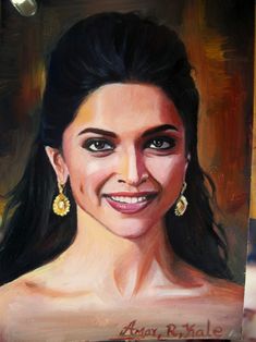 a painting of a woman with long black hair and big earrings on her left shoulder