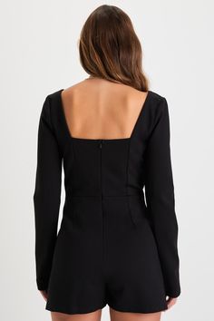 Confidence will come easy when you know you're looking oh-so-cute in the Lulus Constant Charm Black Long Sleeve Square Neck Romper! Stretchy ponte knit shapes this sophisticated romper that has long fitted sleeves and a square neckline. Bodice boasts flattering seaming details and a fitted waist, atop attached shorts that have a front skirt overlay with a notched mini hem. Hidden zipper/clasp at back. Fit: This garment fits true to size. Length: Above mid-thigh. Size medium measures 30.5" from s Long Sleeve Elastane Bodycon Dress For Work, Fitted Long Sleeve Bodycon Dress In Elastane, Elegant Fitted Jumpsuit With Back Zipper, Fitted Elegant Jumpsuits And Rompers With Back Zipper, Elegant Fitted Jumpsuits And Rompers With Back Zipper, Fitted Long Sleeve Elastane Bodycon Dress, Formal Long Sleeve Mini Dress With Back Zipper, Long Sleeve Elastane Bodycon Formal Dress, Formal Long Sleeve Elastane Bodycon Dress