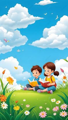 two children are sitting on the grass reading books in front of a blue sky with white clouds