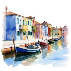 watercolor painting of boats docked in front of colorful buildings