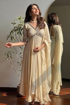 Buy Yellow Anarkali And Pant Cotton Silk Embroidered Gota Lace V Neck Set For Women by POMCHA JAIPUR Online at Aza Fashions. Aesthetic Anarkali Dress, Western Silk Dress, Fashion Outfits Traditional, Traditional Indian Dresses For Women, Anarkali With Yoke, Wedding Dresses Suit, Beige Anarkali Dress, Wedding Anarkali Suits, Beige Anarkali Suits