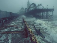 a shark swims in the ocean next to a pier on a foggy day