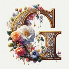 the letter e is made up of flowers and jewels on it's sides, with an embellishment in the upper right corner