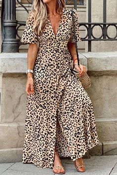 Leopard Print Maxi Dress, Short Sleeve Maxi Dresses, High Waist Dress, Straight Dress, Leopard Print Dress, Fashion Pattern, Maxi Dress With Sleeves, Printed Maxi Dress, V Neck Dress