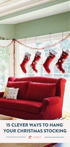 Christmas Stocking Cottage Christmas Decorating, Hanging Christmas Stockings, Stocking Ideas, Christmas Window Decorations, Cottage Christmas, Diy Christmas Decorations, Christmas Decorations Living Room, Hanging Stockings, Red Sofa