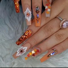 Long Length Fall Theme Press On Nail Kit Fake Acrylic Nails, Ballet Nails, Nagellack Trends, Coffin Press On Nails, Fall Acrylic Nails, Thanksgiving Nails, Fall Nail Art