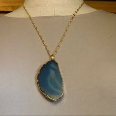 Beautiful Blue Sliced Agate Pendant With Electroplated Gold Edges Matching Brass Gold Plated Chain Necklace Total Length While Wearing Is 14” With The Pendant Being Approximately 2.75” In Length Hand Crafted Jewelry, Brass Gold, Blue Agate, Crafted Jewelry, Agate Pendant, Gold Plated Chains, Beautiful Blue, Blue Gold, Handcrafted Jewelry