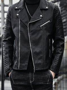 Black Street Collar Long Sleeve PU Leather Plain Biker Embellished Non-Stretch  Men Clothing Black Jackets Men, Fashion Leather Jacket, Leather Jackets For Men, Motorcycle Clothing For Men, Leder Jacket, Biker Gear For Men, Leather Jacket Styles, Mens Leather Jackets, Biker Clothing Men