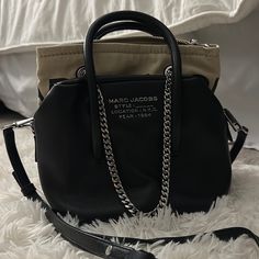 Gently Used Marc Jacobs 2 In 1 Modern Black Shoulder Bag With Branded Hardware, Trendy Black Bags With Branded Hardware, Black Bags With Branded Hardware For On-the-go, Black Top Handle Satchel With Branded Hardware, Trendy Black Satchel With Branded Hardware, Black Trendy Satchel With Silver-tone Hardware, Black Bag With Branded Hardware For On-the-go, Black Satchel With Silver-tone Hardware, Black Satchel With Silver-tone Hardware For Shopping