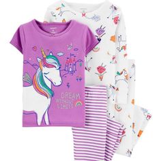 Carter's Girls' Printed Dream Without Limits Unicorn 4-Piece Pajamas Set, Purple, 2t New With Tags Mix And Match For A Variety Of Sleep Options, Making Bedtime Extra Easy! Carter's Cotton Pjs Are Not Flame Resistant. But Don't Worry! They're Designed With A Snug And Stretchy Fit For Safety And Comfort Features: 4-Piece Set Short Sleeves Ribbed Cuffs & Neckline Covered Elastic Waistband For A Comfy Fit Toddler Printed 4-Piece Pj Set Short-Sleeve Top: Crewneck; Unicorn Graphic At Front Long-Sleeve Carters Size Chart, Cotton Pjs, Carters Girl, Carters Baby, Pink Unicorn, Girls Pajamas, Toddler Girls, Mix Match, Snug Fit