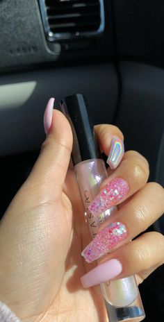 Pink Iridescent Nails, Nails Acrylic Long, French Nails Glitter, Iridescent Nails, Pink Iridescent, Acrylic Nails Coffin, Birthday Nails