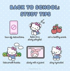 the back to school study tips for children with hello kitty and other things on it