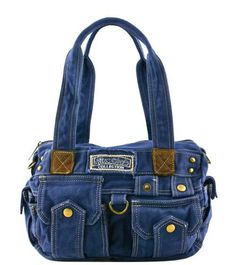 a blue handbag with two pockets on the front and one pocket in the back