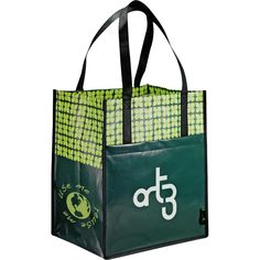 a green and yellow shopping bag with an ad logo on the front, two sides