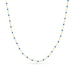 Elevate your attire with this beaded chain necklace. 14K gold Small cobalt blue enamel beads are stationed at regular intervals along the link chain 2.3mm width 17.0- to 18.0-inch adjustable chain; spring-ring clasp Dainty Blue Necklaces With Satellite Chain, Dainty Blue Necklace With Satellite Chain, Blue Dainty Chain Necklace With Delicate Chain, Dainty Blue Chain Necklace With Delicate Chain, Blue Dainty Chain Necklace, Dainty Blue Delicate Chain Necklace, Dainty Blue Chain Necklace With Adjustable Chain, Blue Beaded Necklaces With Delicate Chain And Round Beads, Blue Beaded Necklaces With Delicate Chain