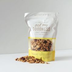 a bag of granola sitting on top of a table