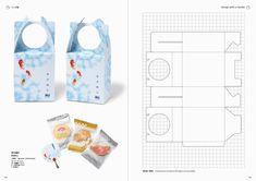 an open book with two bags and some food on the pages, next to it is a cut out pattern