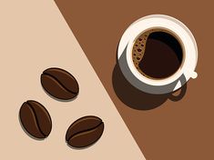 three coffee beans next to a cup of coffee on a brown and white tablecloth