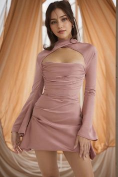 Lasaky - Seductive Evening Gown with Shorts Mini Skirt Dress, Corset Mini Dress, High Quality Dress, High Neck Long Sleeve, Crewneck Dress, Satin Mini Dress, Pink Mini Dresses, Cutout Dress, Birthday Dresses