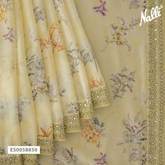 This delighted shade of yellow georgette saree adorned with printed designs and embroidery looks spellbinding. Yellow Georgette Saree, Shade Of Yellow, Yellow Embroidery, Shades Of Yellow, Printed Design, Silk Saree