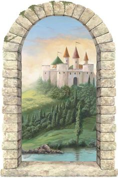 a painting of a castle on the side of a wall