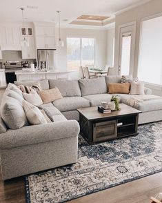 a living room filled with furniture and a large rug