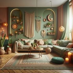 a living room filled with lots of furniture next to a wall covered in hanging lights