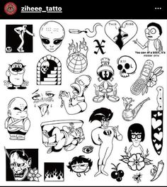 some cartoon characters are drawn in black and white, with different designs on the back