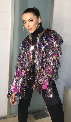 Rainbow Tinsel Fringe Jacket Halloween Burningman Costume - Etsy Iridescent Outerwear For Fall Party, Disco Style Winter Festival Outerwear, Winter Festival Disco Outerwear, Tinsel Fringe Jacket, Eras Tour Outfit Taylor Swift, Tinsel Jacket, Eras Tour Outfit, Sparkle Party, Metallic Jacket