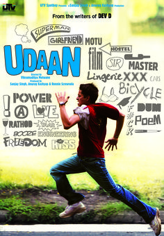 the poster for udaan is shown in blue and white letters, with a man running through