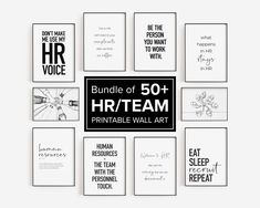 the bundle of 50 + printable wall art is displayed in black and white colors