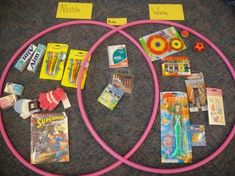 two pink hoopgies are on the floor with various toys and supplies around them,