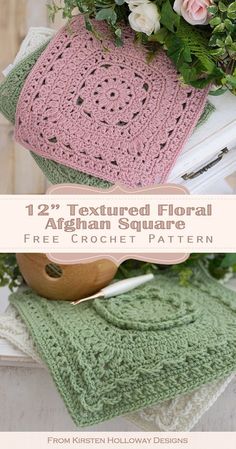 crocheted flower potholders and placemats with text overlay that reads, 12 free textured floral pattern square