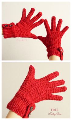 two pictures of red knitted gloves with buttons on them, one showing the fingers and the