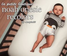 a baby in a penguin outfit laying on top of a bed with the caption, la petite boutique noah onesie recolors