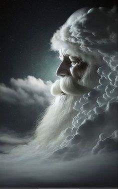 an image of a man with white hair and beards in the clouds looking up at the sky