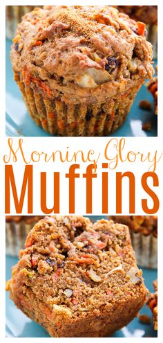 two pictures of muffins on a plate with the words morning glory muffin