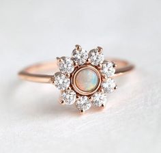 Halo Diamond Ring with Australian Opal in Rose Gold, Diamond Flower Ring Lotus Engagement Ring, Diamond Flower Ring, Anniversary Rings For Her, Opal Diamond Ring, Flower Engagement Ring, Flower Cluster, Gold Diamond Wedding Band, Solid Gold Band, Aquamarine Engagement Ring