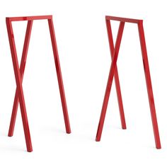 two red metal stands on white background with one standing up and the other sitting down