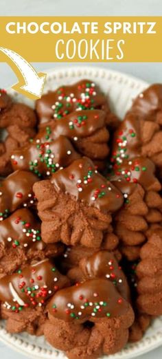 chocolate spritz cookies on a white plate with the words, how to make chocolate spritz cookies