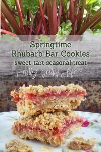 some food is stacked on top of each other with the words springtime rhubarb bar cookies sweet tart seasonal treat