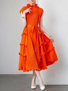 Emily's Sleeveless Midi Dress Orange Sleeveless Dress For Summer Day Out, Spring Sleeveless Midi Dress, Sleeveless Ruffled Knee-length Dress For Summer, Orange A-line Midi Summer Dress, Orange A-line Midi Dress For Summer, Knee-length Sleeveless Ruffled Dress For Summer, Knee-length Ruffled Sleeveless Summer Dress, Chic Orange Sleeveless Summer Dress, Summer Orange A-line Midi Dress