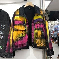 Painted Sun, Dye Denim, Jacket Streetwear, Painted Denim Jacket, Denim Jeans Ripped, Tie Dye Denim, Short Jean, Painted Denim, Distressed Denim Jacket