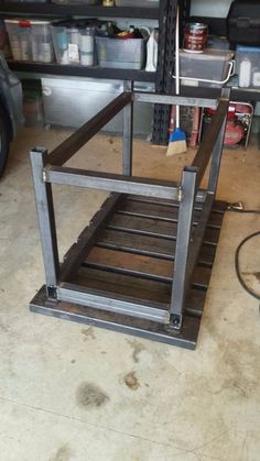 a metal shelf sitting in the middle of a garage