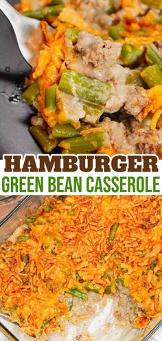 green bean casserole with ham and cheese in a glass dish