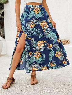 Multicolor Bohemio Collar  Tela tricotada Tropical Abertura Embellished Elástico Ligero High Split Skirt, Vacation Tropical, Split Skirt, Plant Print, Tropical Plants, Women Clothing, Woven Fabric, Midi Skirt, Womens Skirt