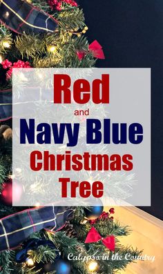 red and navy blue christmas tree with text overlay reading red and navy blue christmas tree