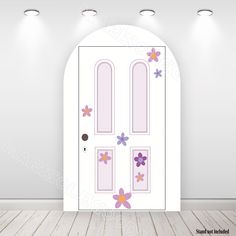 a door with flowers painted on the side and two lights above it in an empty room